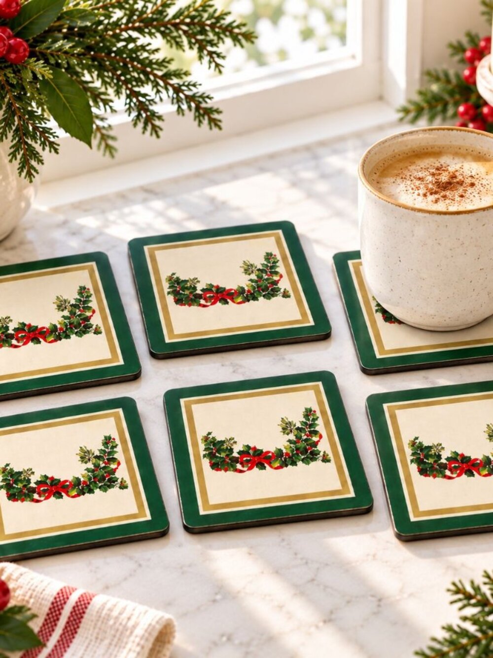 Christmas Holiday-Themed Coaster Set With Holly Garland Design Wood Storage Box